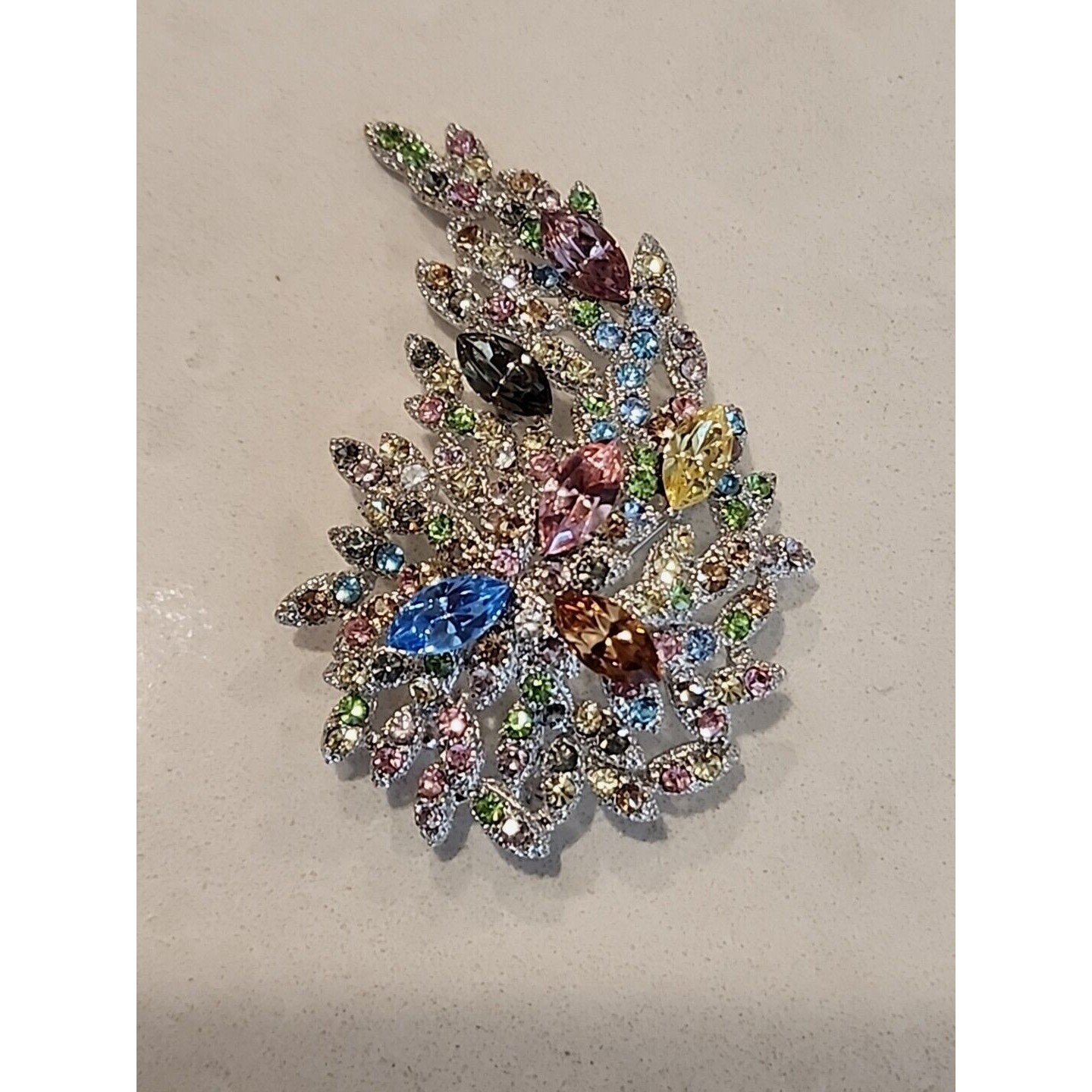 Multicolored Rhinestone Peacock Floral Branch Pendant & Brooch Pin